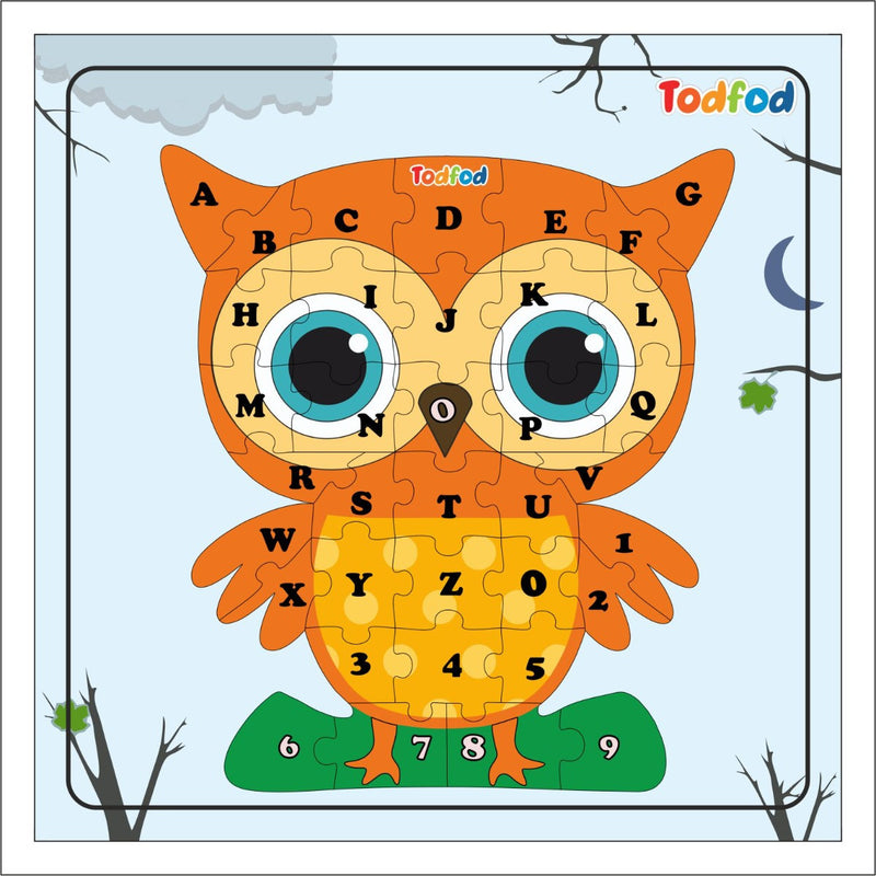 Children's puzzle with an owl design featuring letters and numbers, branded 'Todfod'.