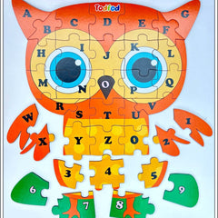 Owl-shaped puzzle with letters and numbers on a light blue background