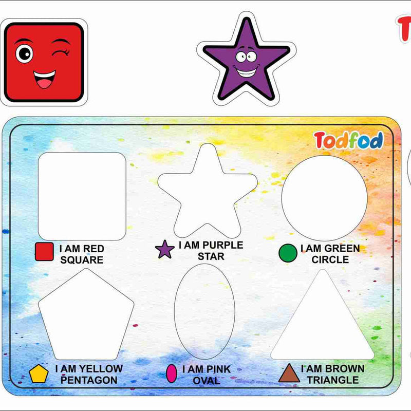 Colorful educational mat with shapes and their names, featuring the brand 'Todfod'.