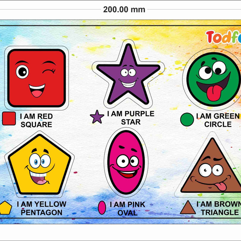 Colorful educational toy with shapes and labels, featuring the brand 'Todfod'.