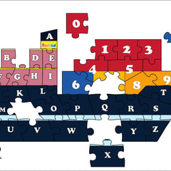 Puzzle ship with letters and numbers on a white background