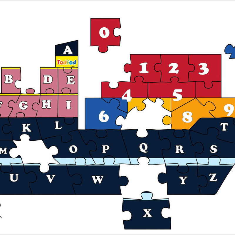 Puzzle ship with letters and numbers on a white background