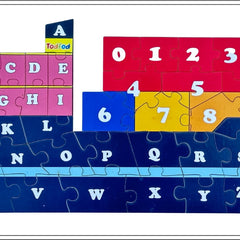 Educational puzzle ship with letters and numbers on a white background