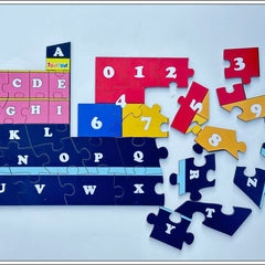 Children's puzzle with letters and numbers on a blue background