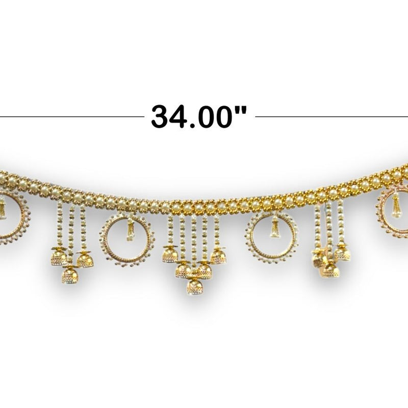 Gold necklace with pendants and measurements on a white background