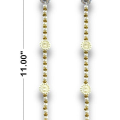 Pair of gold and pearl earrings with measurements on a white background