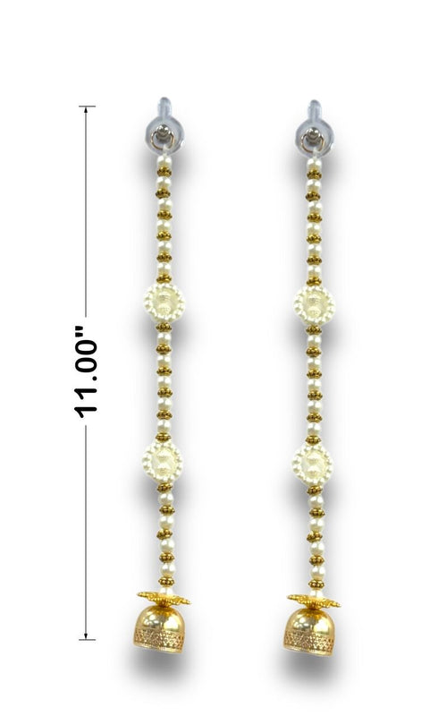 Pair of gold and pearl earrings with measurements on a white background