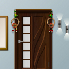 Wooden door with decorative items on a light blue wall