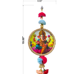 Decorative item with Lord Ganesha illustration and measurements on a white background