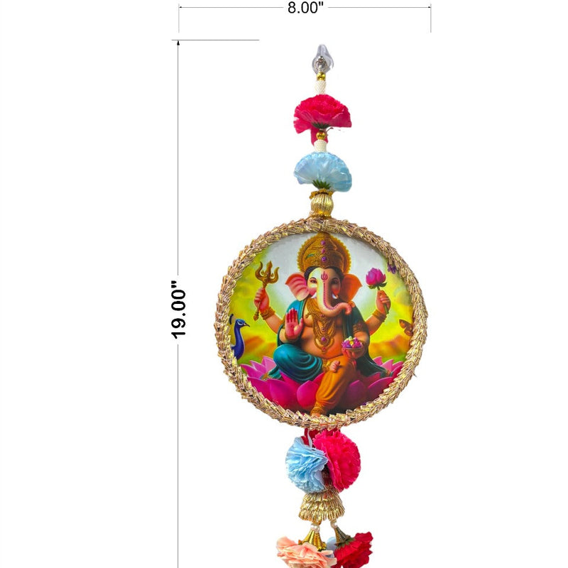 Decorative item with Lord Ganesha illustration and measurements on a white background