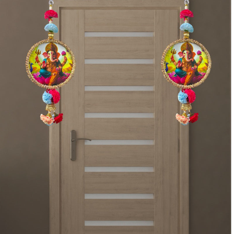 Decorative earrings with a colorful design of a deity on a wooden door.