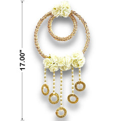 Decorative wall hanging with floral elements and gold rings, shown with measurements on a white background.
