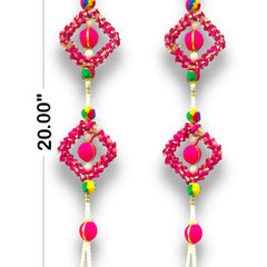 Colorful earrings with pink and multicolor beads on a white background