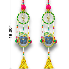 Decorative earrings with colorful beads and a face design, shown with dimensions on a white background.