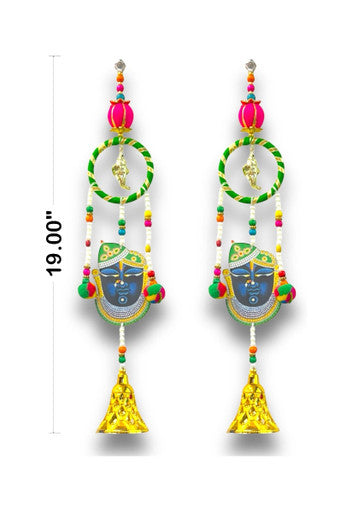 Decorative earrings with colorful beads and a face design, shown with dimensions on a white background.