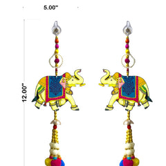 Decorative earrings with elephant design and colorful elements on a white background