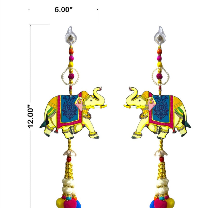 Decorative earrings with elephant design and colorful elements on a white background