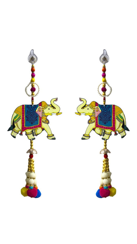Pair of colorful elephant earrings on a white background