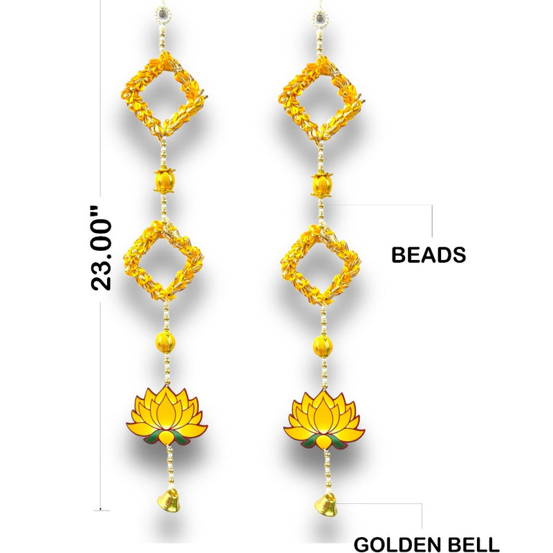 Yellow earrings with beads and golden bells, shown with measurements on a white background.