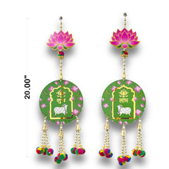 Decorative earrings with green background and colorful elements on a white background