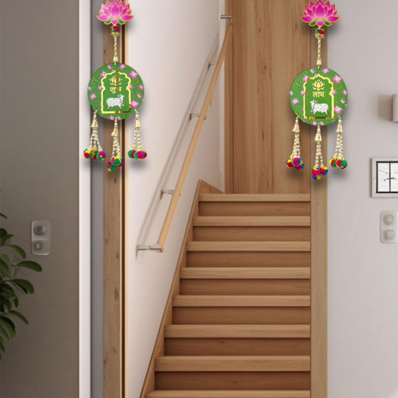 Smaran Shubh Labha Cow Lotus Door Wall Latkan for Diwali, Navratri, Pooja, Festival Home, Office Decoration Traditional Handmade Hanging Main Door Entrance Decorative Toran (Shubh Labh with Cow)