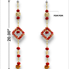 Decorative earrings with red and gold beads and pom-poms, shown with measurements on a white background.
