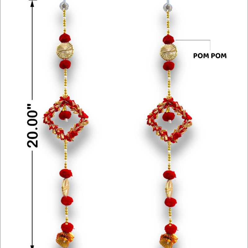 Decorative earrings with red and gold beads and pom-poms, shown with measurements on a white background.