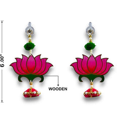 Lotus-shaped earrings with pink flowers and green leaves on a white background