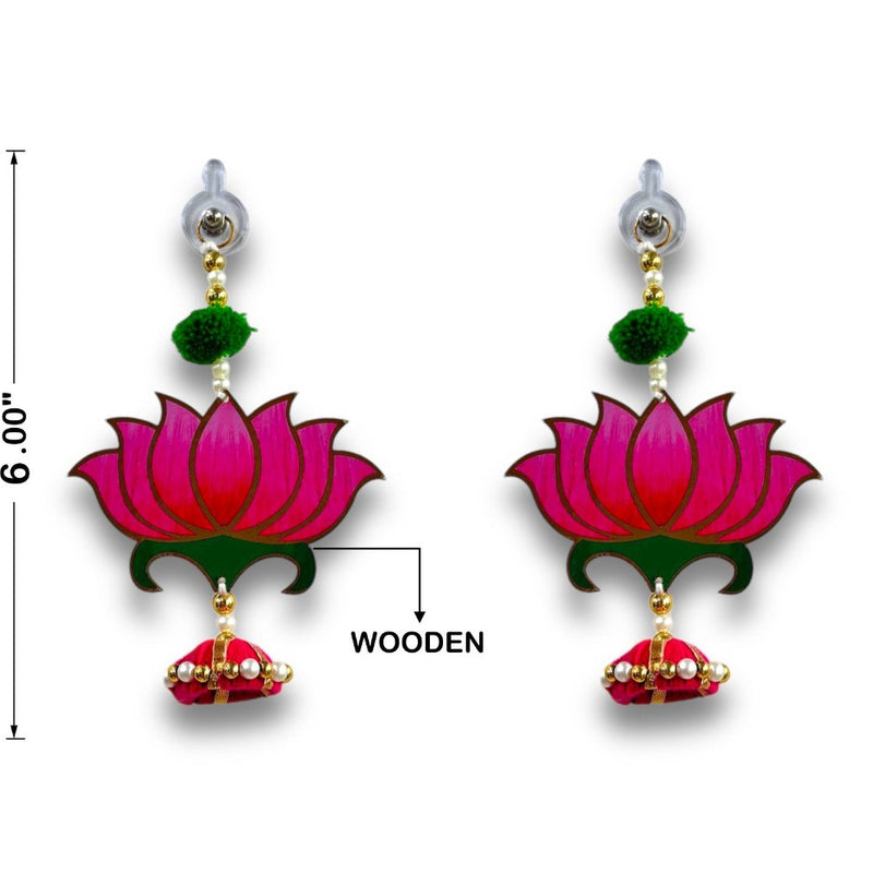 Lotus-shaped earrings with pink flowers and green leaves on a white background