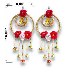 Decorative earrings with red and pink flowers and gold accents, shown with measurements on a white background.