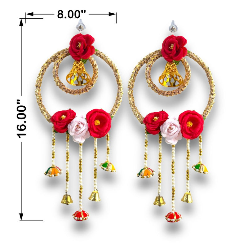 Decorative earrings with red and pink flowers and gold accents, shown with measurements on a white background.