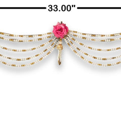 Decorative curtain with pink flowers and gold beads, shown with measurements on a white background.