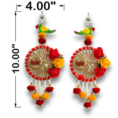 Colorful earrings with floral and pom-pom details, shown with measurements on a white background.