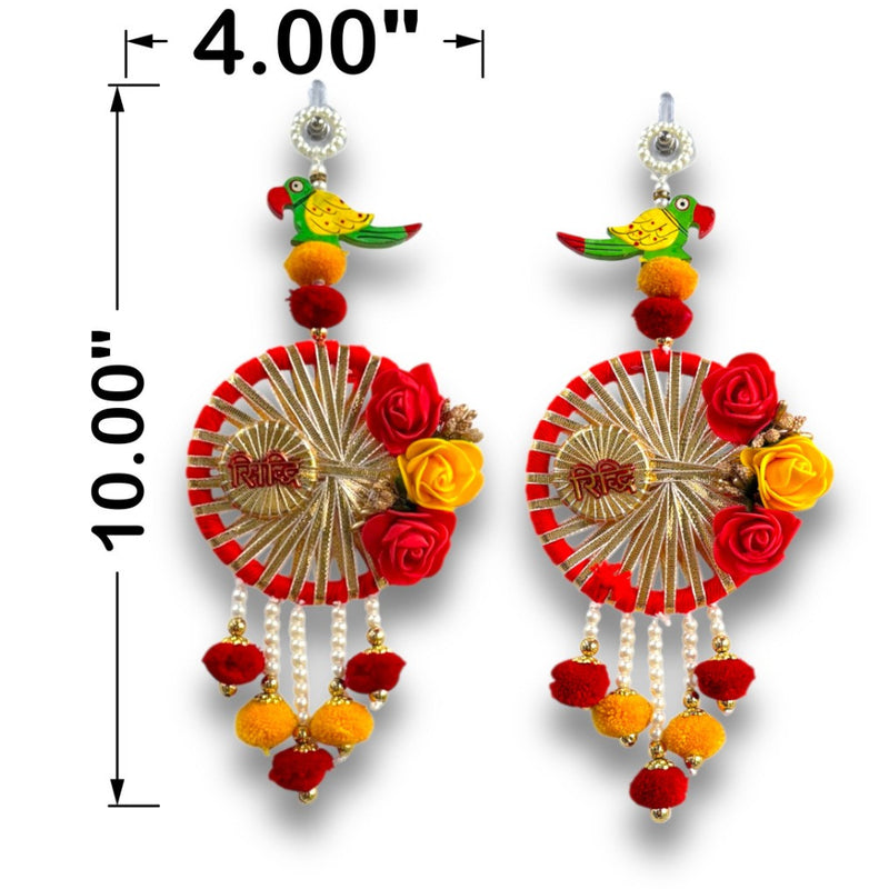 Colorful earrings with floral and pom-pom details, shown with measurements on a white background.