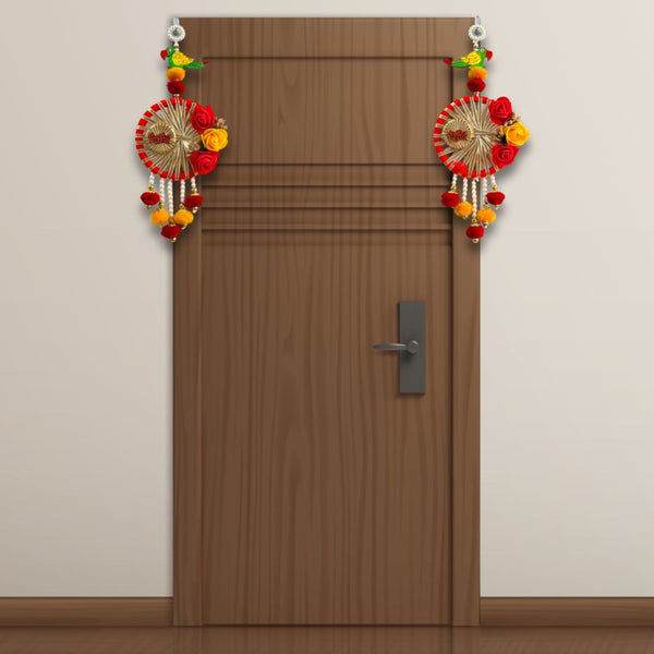 Smaran Ridhi Sidhi and Artificial Flowers Parrot Wall Hanging Latkan Dream Catcher for Home/Office Decor Hancrafted Wall Hanging/Side Door Hanging for Diwali, Navratri Pooja Festival Decoration