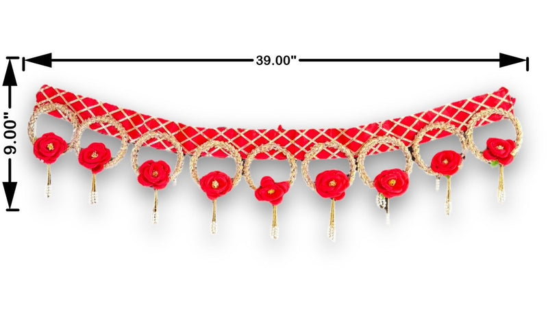 Decorative red and gold border with floral patterns on a white background