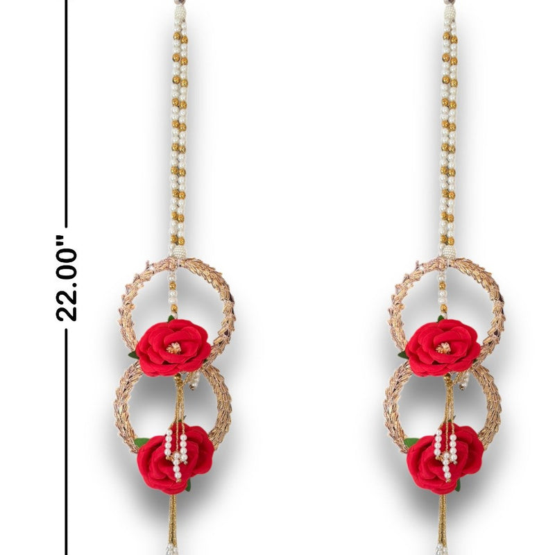 Pair of earrings with red floral elements and gold accents, shown with a measurement label.
