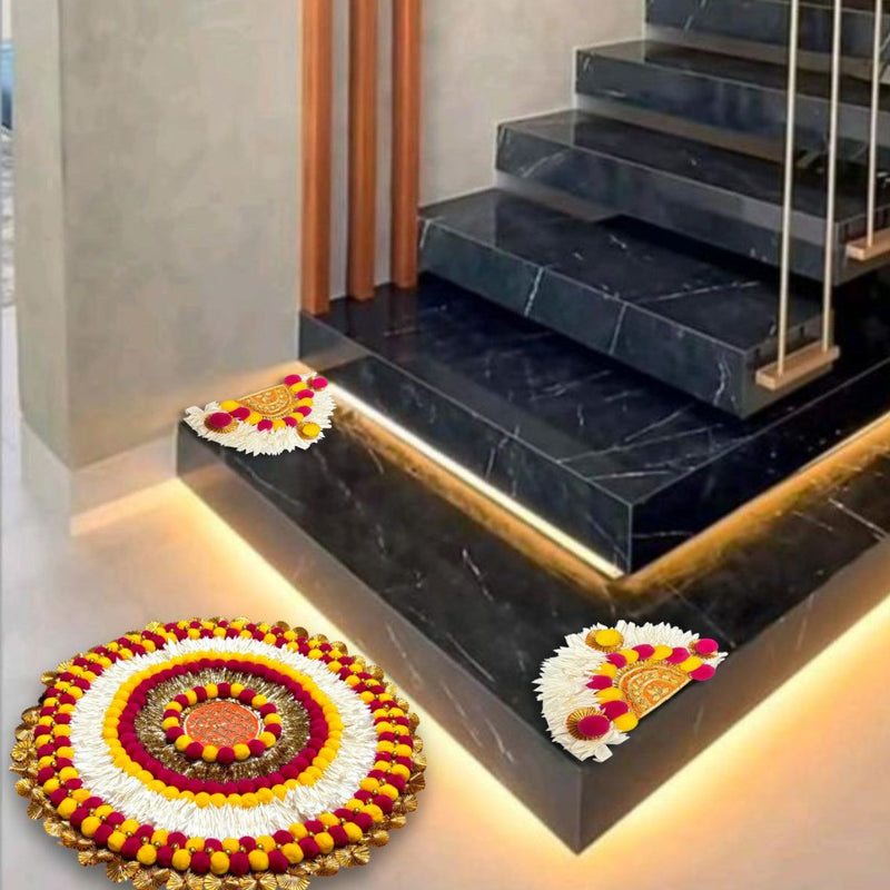 Decorative flower arrangements on a marble staircase