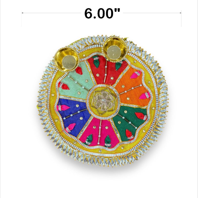 Decorative round item with colorful design and measurements on a white background