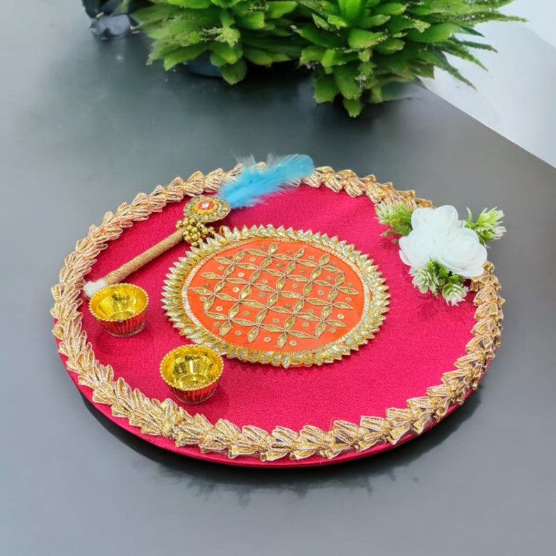 Smaran kumkum thali with 2 roli chawal Holder with Stick for Welcome Plate Home Pooja Wedding Rakhi Pooja thali Ethnic minakari Work traditinal haldi kumkum thali ((10 INCH) Design 2)