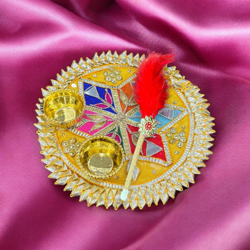 Smaran kumkum thali with 2 roli chawal Holder with Stick for Welcome Plate Home Pooja Wedding Rakhi Pooja thali Ethnic minakari Work traditinal haldi kumkum thali ((6 INCH) Design 3)