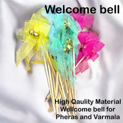 Colorful welcome bells with ribbons on a white background, labeled 'Welcome bell' and 'High Quality Material'.