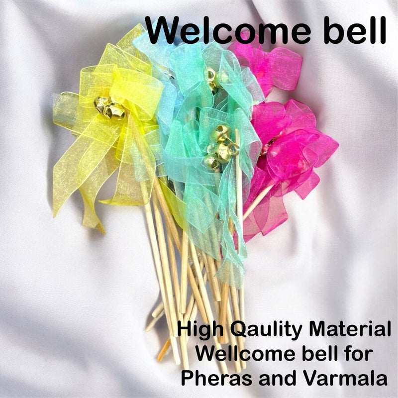 Colorful welcome bells with ribbons on a white background, labeled 'Welcome bell' and 'High Quality Material'.