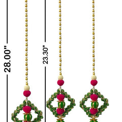 Three decorative hanging ornaments with measurements on a white background