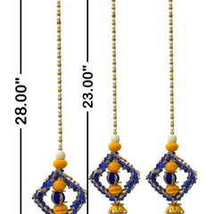 Decorative earrings with blue and yellow beads, shown with measurements on a white background.