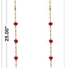 Pair of long earrings with pink and gold beads and measurements on a white background