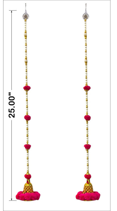 Pair of long earrings with pink and gold beads and measurements on a white background
