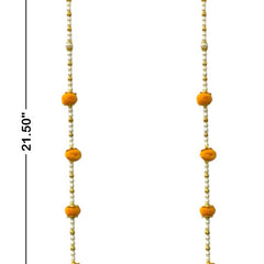 Decorative hanging with yellow balls and gold beads, shown with dimensions on a white background.