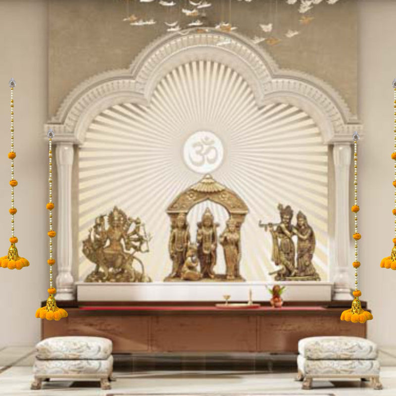 Smaran Traditiona Handmade Door Hanging, Toran with Pom Pom, Golden White Beads & Bell for Main Door and Wall Hanging for Home Decor, Pooja Room, Latkan for Festival Decoration | Yellow (Set of 2)