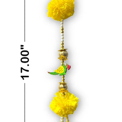 Decorative hanging with yellow balls and measurements on a white background